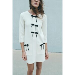 Zara Women Short Knitted Dress Medium M White Bow 3/4 Sleeves 2142/201 NWT